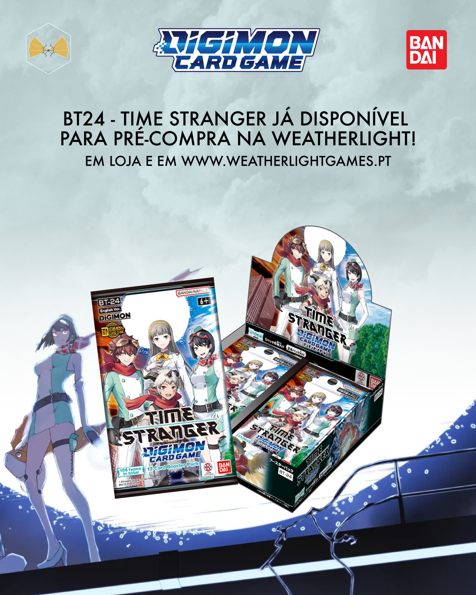 Promoção do jogo de cartas Digimon BT-24 Time Stranger com embalagens e personagens ilustrados