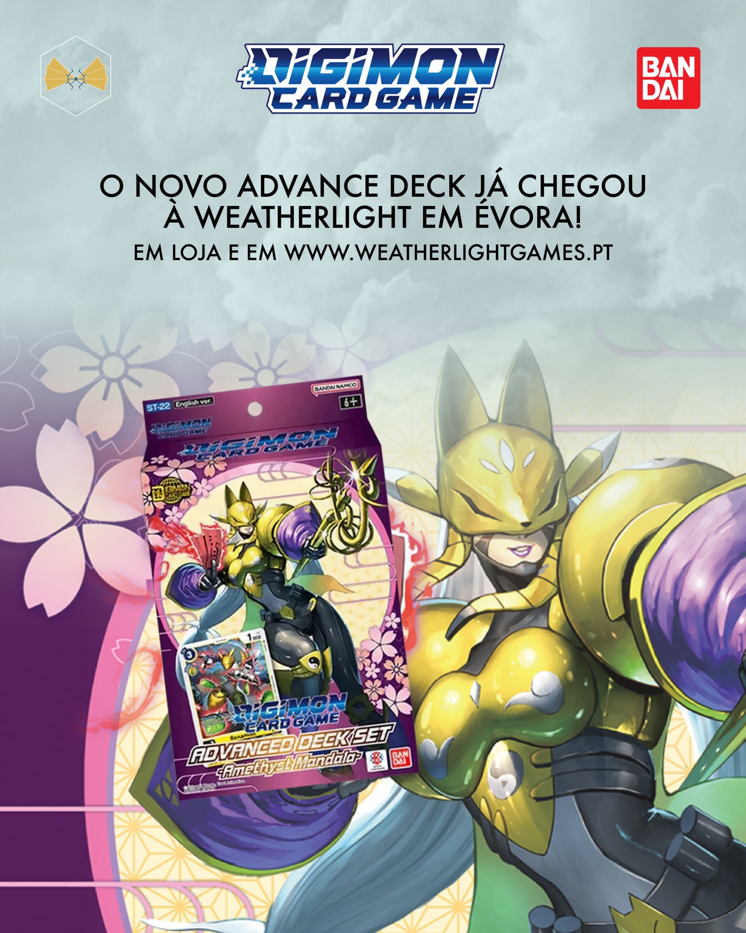 Caixa do jogo de cartas Digimon Advanced Deck Set Amethyst Mandala com personagem dourado e roxo ao fundo