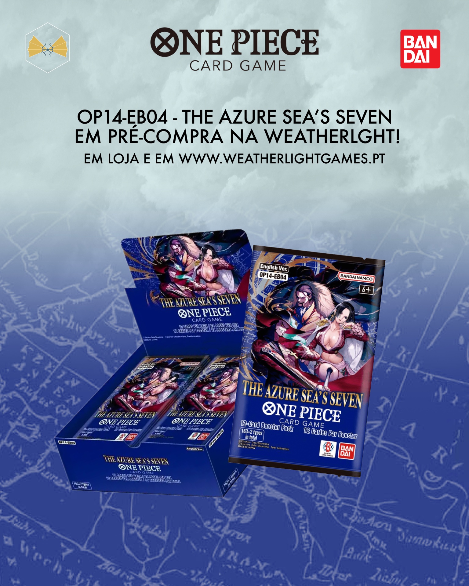 Jogo de cartas ONE PIECE THE AZURE SEAS SEVEN com embalagens azuis e personagens ilustrados