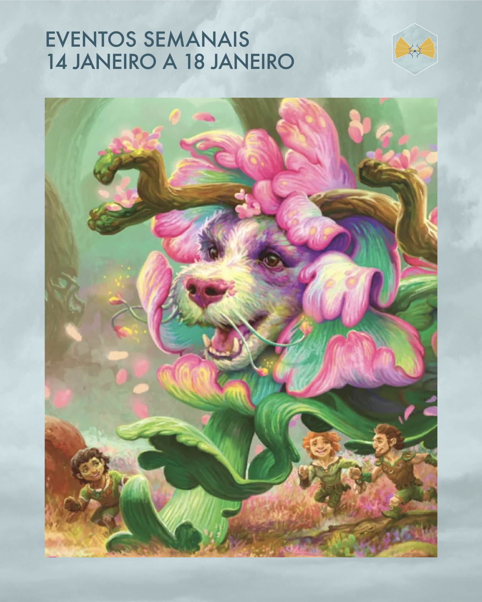 Ilustração colorida de flor gigante com rosto de cão e três figuras humanas pequenas a correr