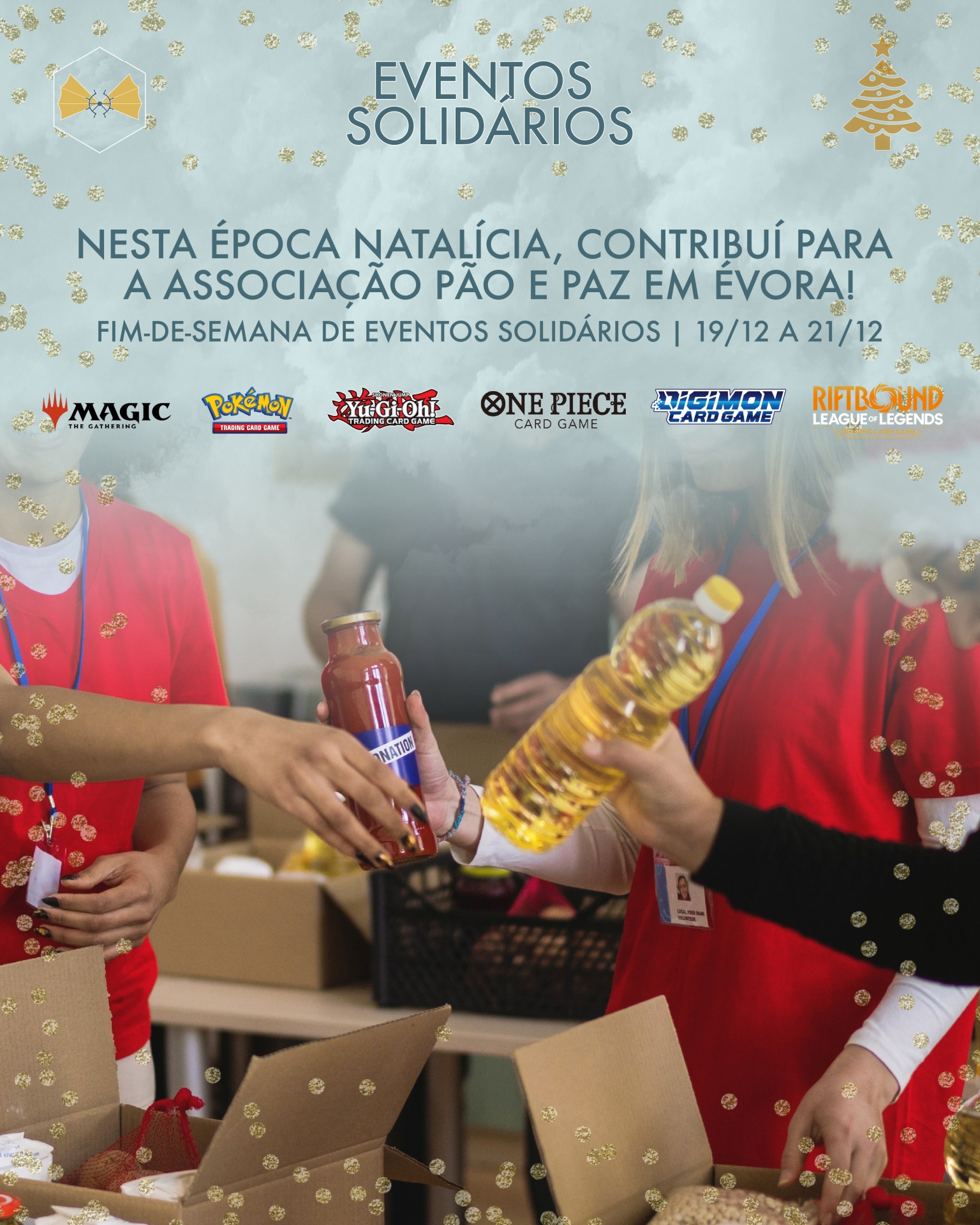 Pessoas em coletes vermelhos a distribuir alimentos como garrafa de óleo e molho com caixas de cartão numa mesa, texto sobre eventos solidários e Associação Pão e Paz em Évora.