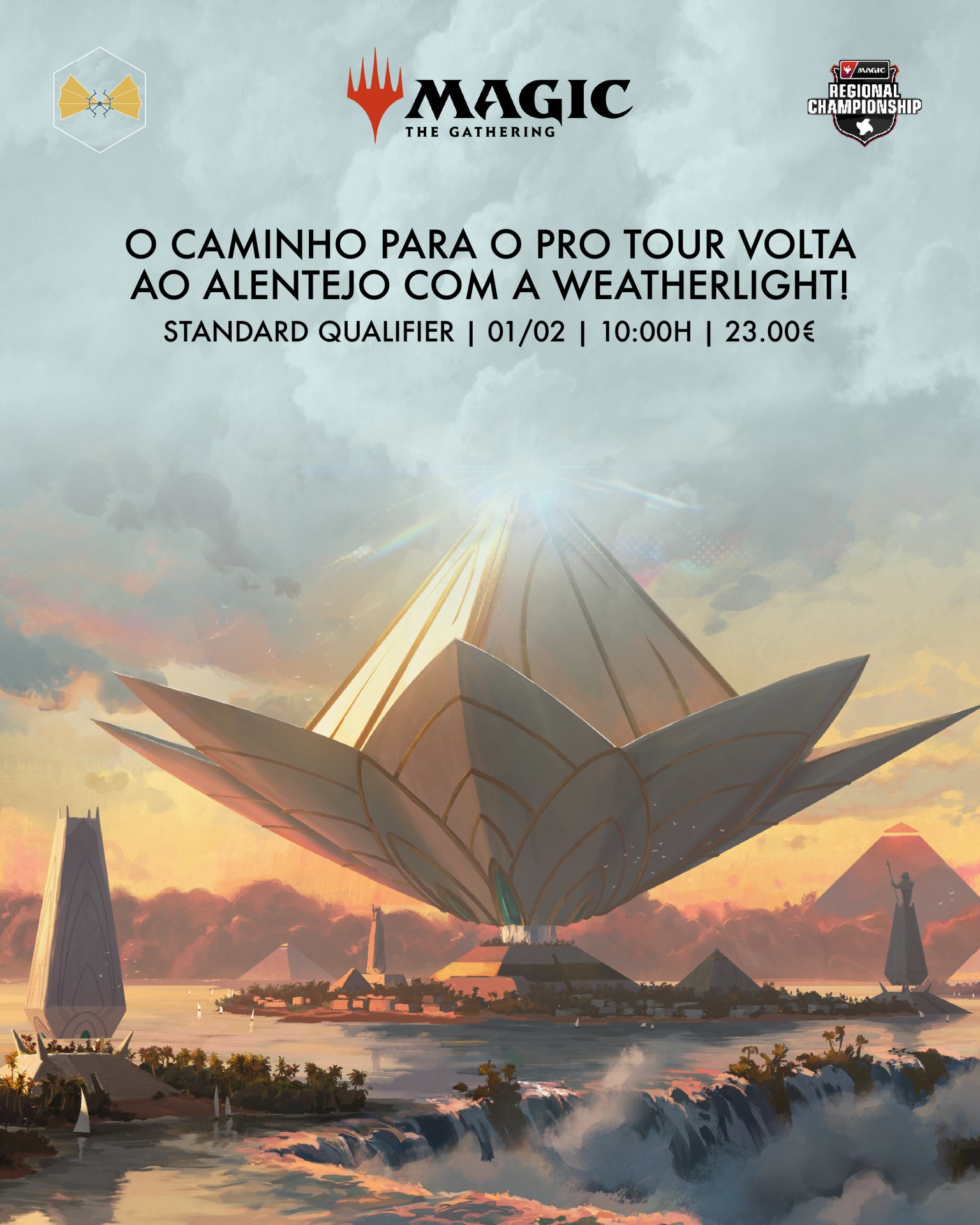 Cartaz do jogo Magic: The Gathering anunciando evento Standard Qualifier com estrutura futurista sobre cenário aquático e vegetação ao pôr do sol