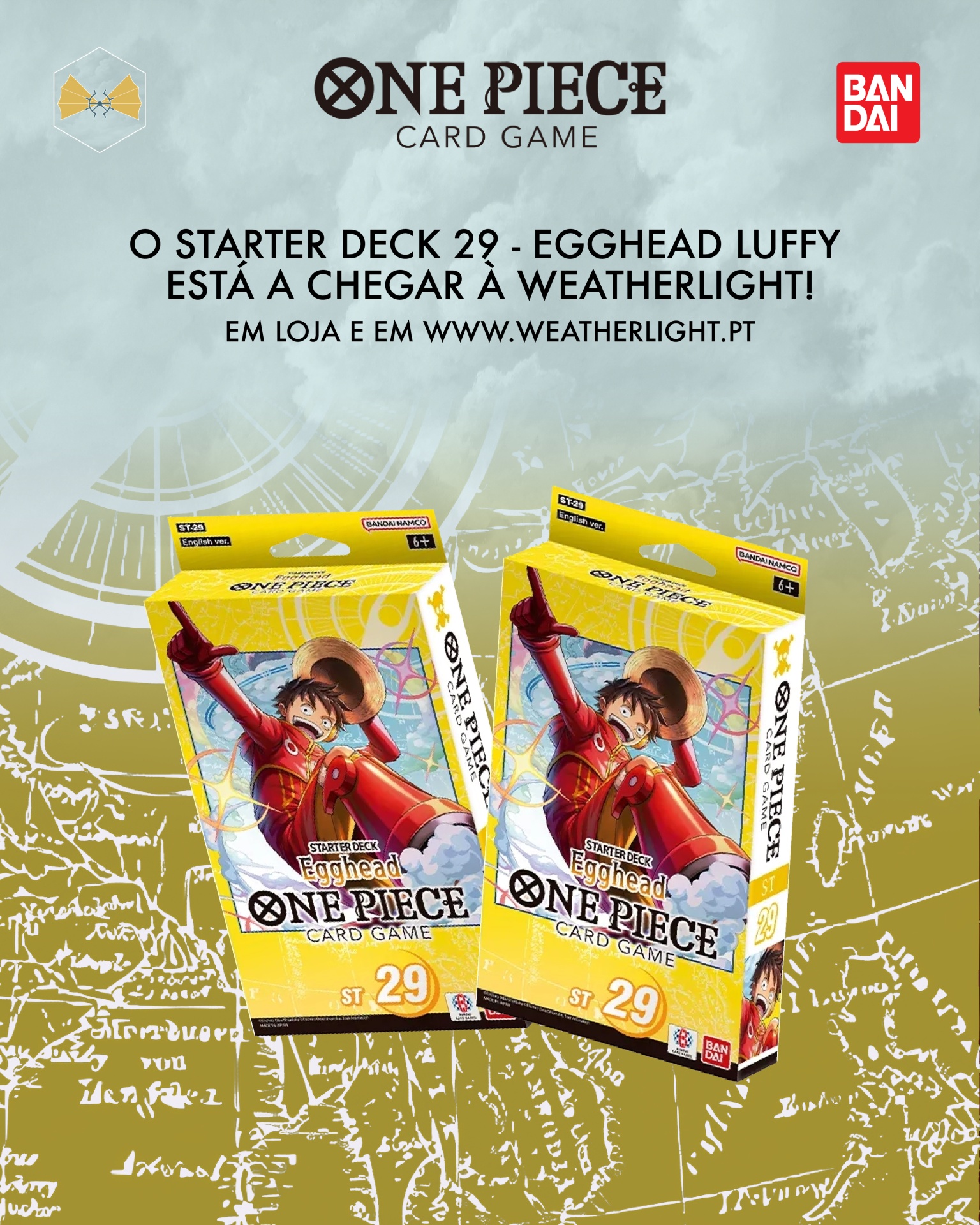 Caixas do jogo de cartas One Piece com personagem Luffy em destaque, fundo amarelo e azul, texto promocional em português.