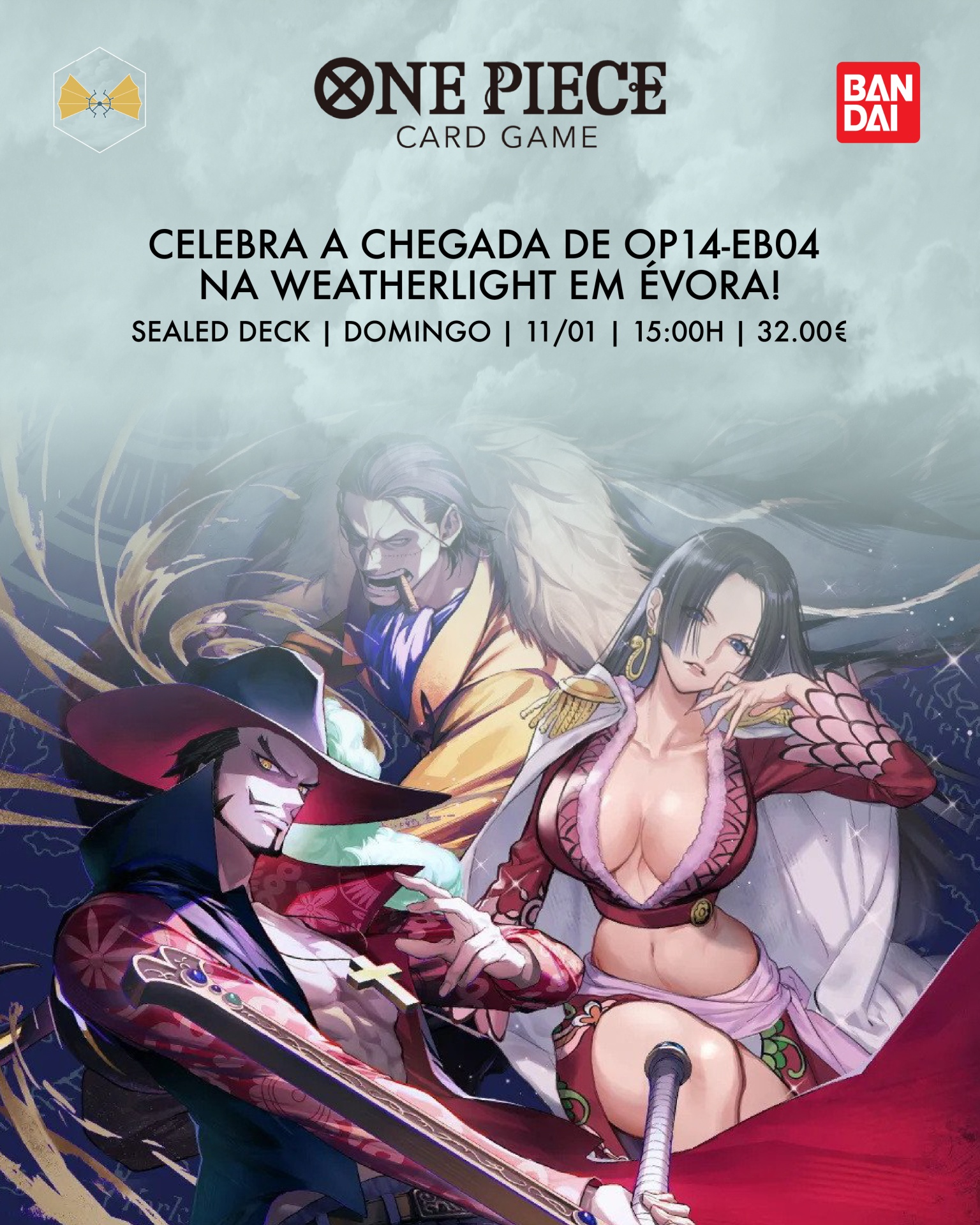 Promoção de jogo de cartas One Piece com três personagens de anime coloridos e texto em português sobre evento.