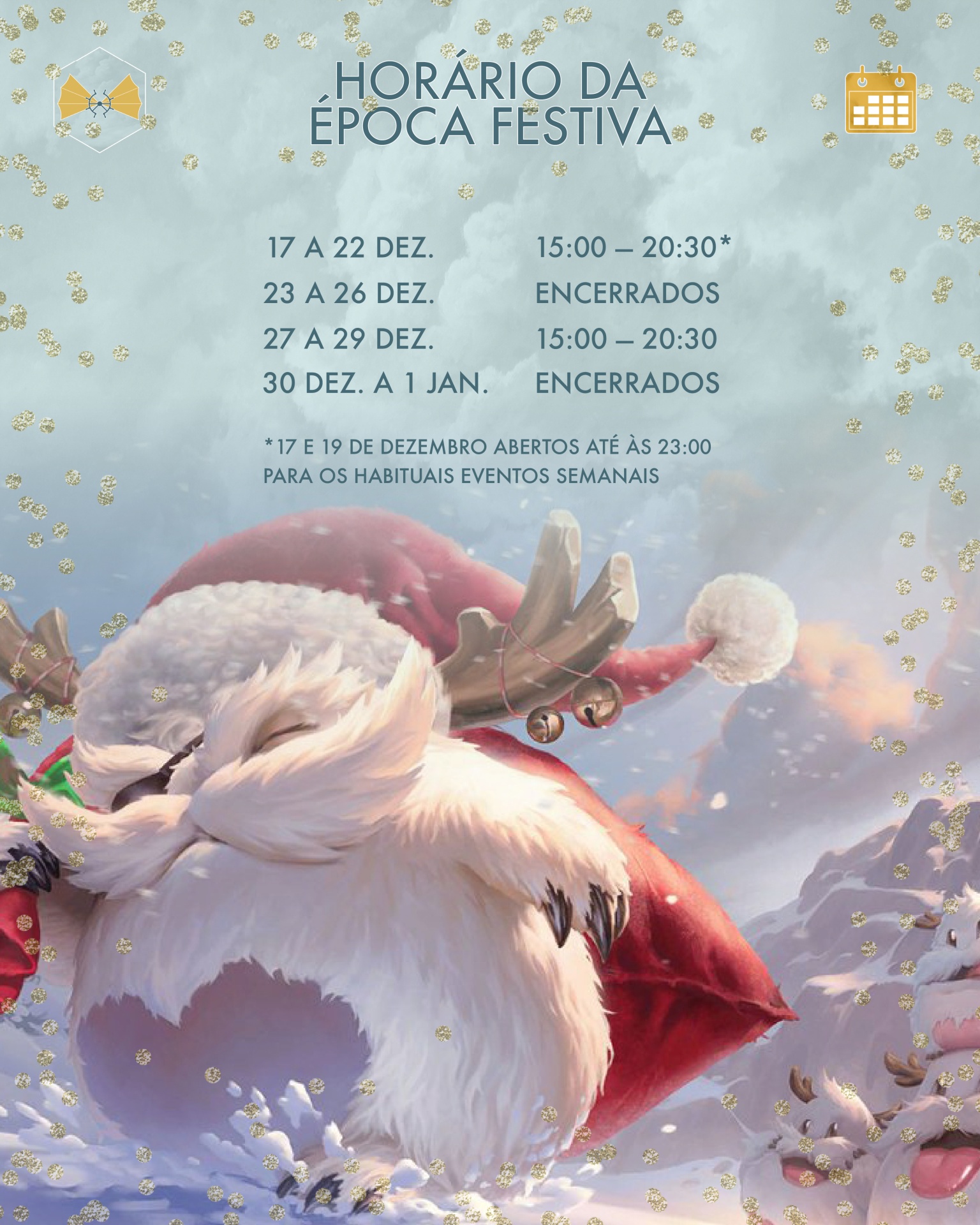 Cartaz de horários festivos com saco de penas e neve em fundo azul