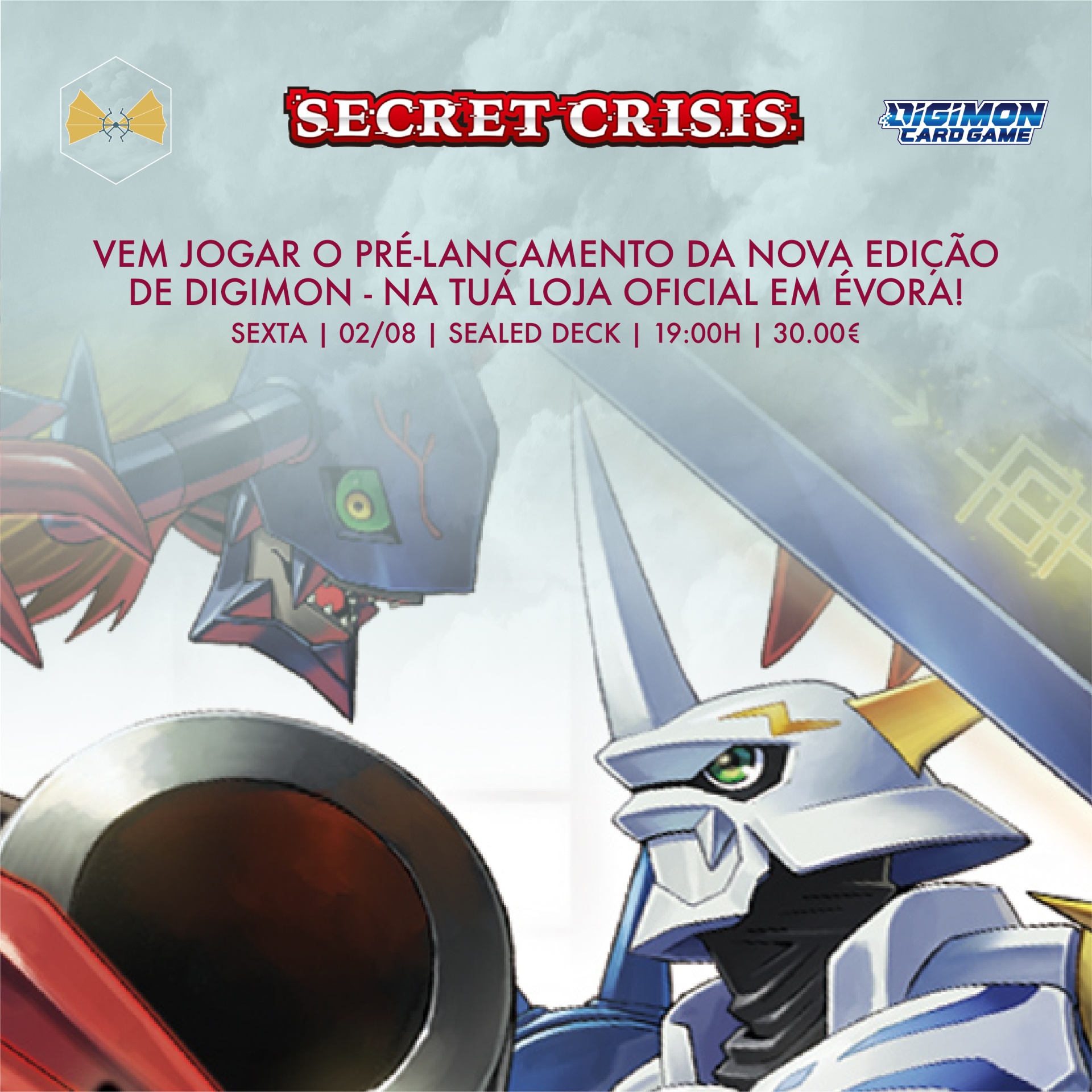 Cartaz promocional do jogo Digimon Card Game com ilustrações de Digimon e texto em português