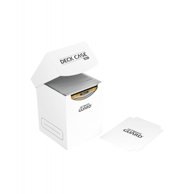 Caixa branca aberta com protetores de cartas brancos com texto Ultimate Guard