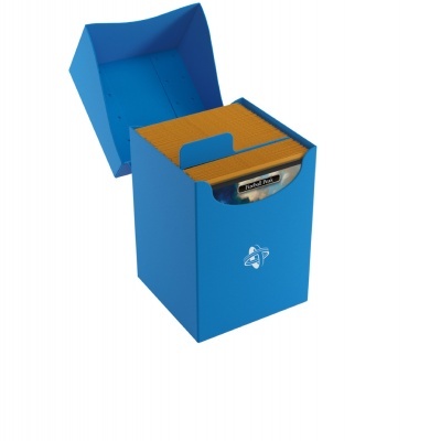 Caixa azul para cartas com divisórias laranja e tampa destacada.