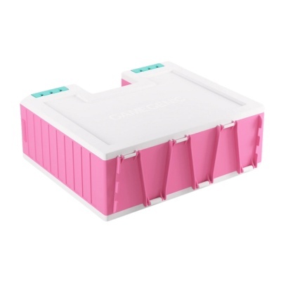 Organizador em plástico rosa e branco com fechos azuis