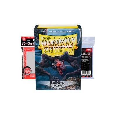 Caixas para protetores de cartas de jogos com design de dragão e textos em inglês e japonês