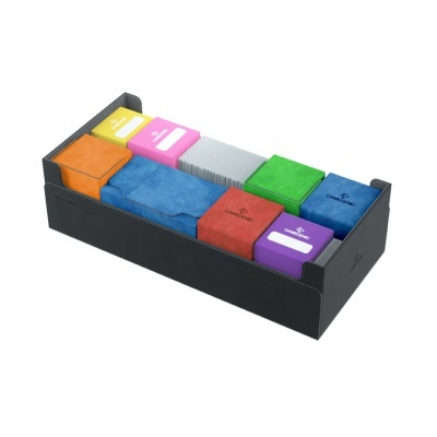 Organizador preto com blocos coloridos de cartas, alguns com texto GAMEGEN e GAME GEN