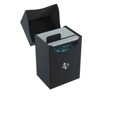 Caixa preta de armazenamento aberta com cartas e logótipo branco