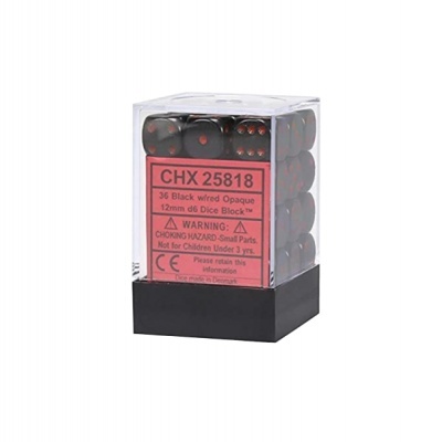 Chessex Opaque 12mm D6 with pips Dice Blocks (36 Dice) - Black/red