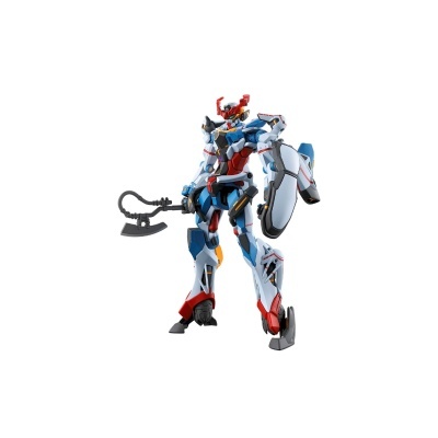 Figura robótica azul, branca e vermelha segurando machado