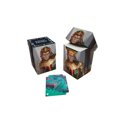 Caixas para cartas ilustradas com figura de máscara dourada e vermelha e cartas com padrão azul e verde