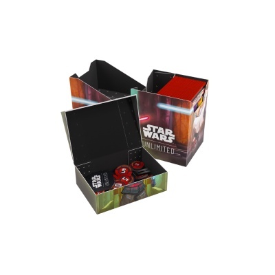 caixa Star Wars Unlimited aberta e fechada com fichas numeradas e livreto
