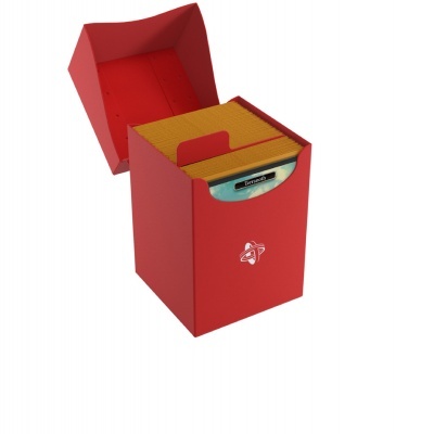 Organizador de ficheiros vermelho com divisórias amarelas e etiqueta 'Projetos'