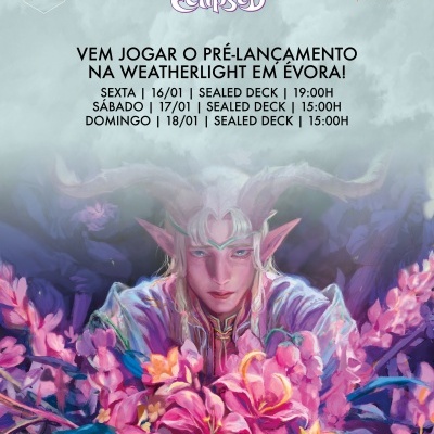 Cartaz promocional Lorwyn Eclipsed com personagem fantástico e flores cor-de-rosa