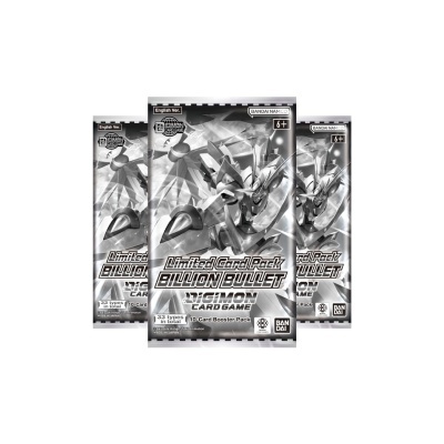 Pacotes de cartas Digimon Limited Card Pack Billion Bullet em cinza e prata.
