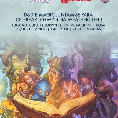 Ilustração de personagens de fantasia à volta de um livro aberto com texto promocional em português sobre evento de Dungeons & Dragons e Magic.