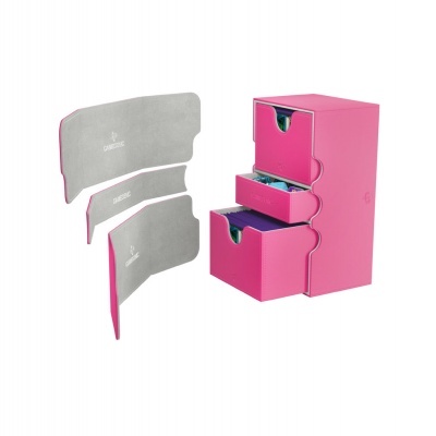 Caixa rosa para armazenamento de cartas com duas gavetas abertas e acessórios cinzentos com texto GAMING