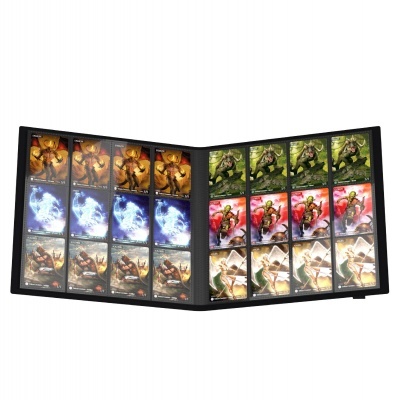 Álbum preto aberto com 32 cartas colecionáveis coloridas de fantasia