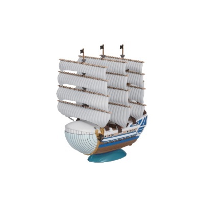 Modelo de navio à vela com velas brancas e casco azul e branco