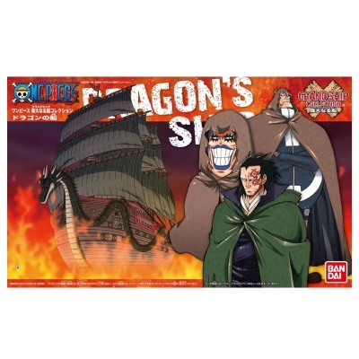 Ilustração de navio dragão e personagens anime com capas para colecção One Piece Grand Ship Collection