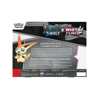 Embalagem do jogo Pokémon TCG com texto Scarlet Violet Black & White Bolt & Flare e Pokémon Victini