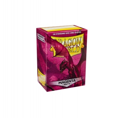 Caixa magenta para proteções de cartas com imagem de dragão e texto Dragon Shield