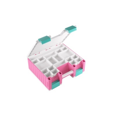 Estojo organizador cor-de-rosa com compartimentos brancos e tampa transparente