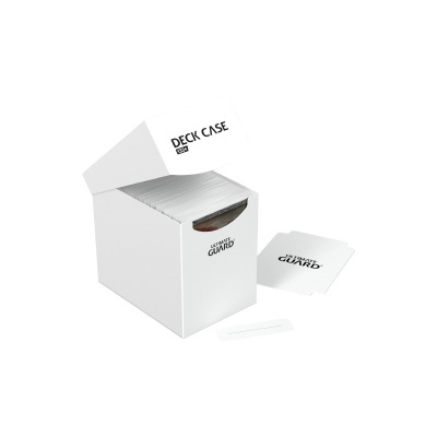 Caixa branca aberta com protetores de cartas brancos Ultra Pro Guard