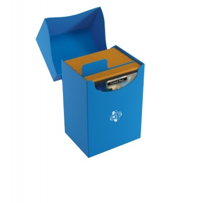 Caixa azul com fichários cor de mostarda e etiqueta 'Index Box'