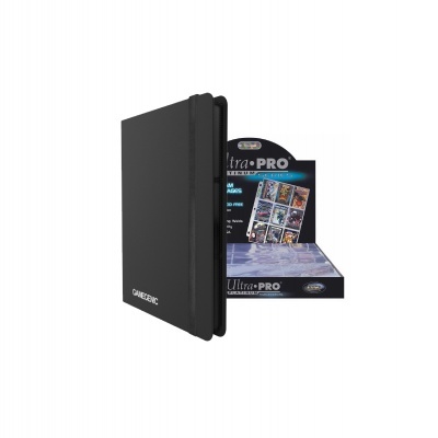 Estojo preto para cartas colecionáveis com caixa de exposição Ultra PRO ao fundo.