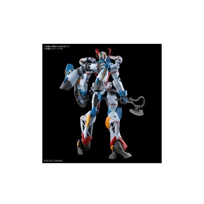 Figura robô futurista em azul, branco, vermelho e cinzento com detalhes amarelos