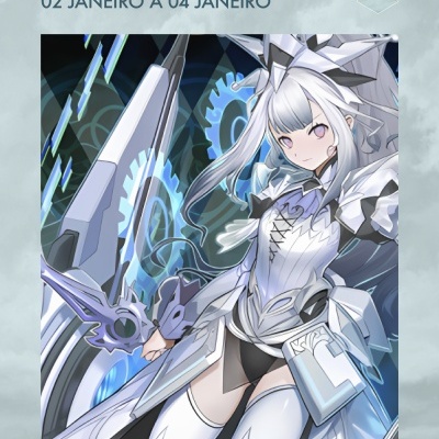 Personagem anime com armadura branca e arma futurista com engrenagens azuis, texto de eventos semanais em português.