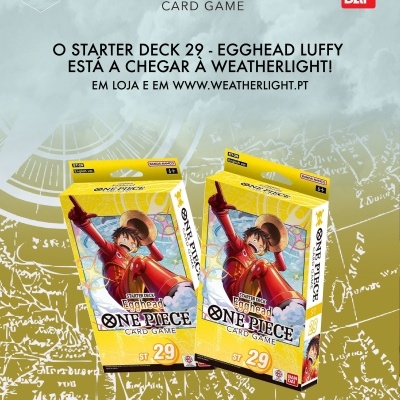 Caixas do jogo de cartas One Piece com personagem Luffy em destaque, fundo amarelo e azul, texto promocional em português.