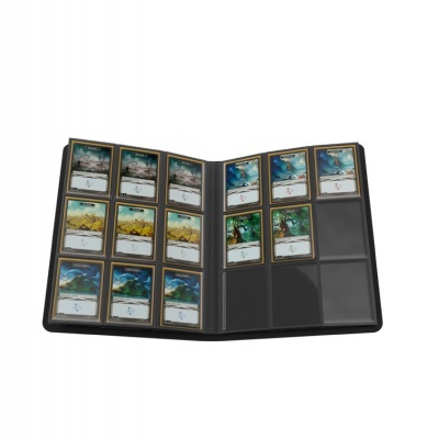 Livro aberto com cartas de jogo colecionáveis organizadas em bolsos