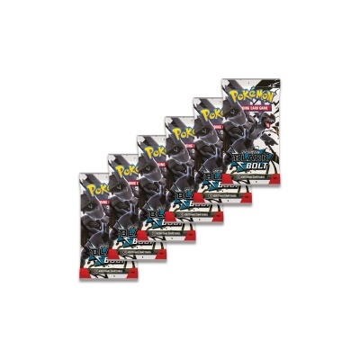 Seis pacotes de cartas Pokémon Black & Bolt com personagens em embalagem escura.