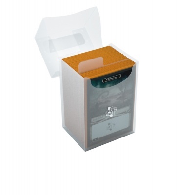 Caixa de plástico transparente com divisórias laranja e etiqueta preta