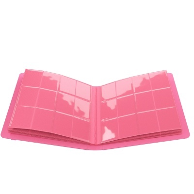 Álbum rosa aberto com páginas plásticas e divisórias em quadrícula