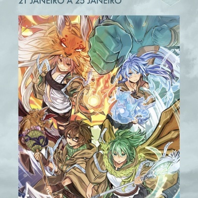 Ilustração anime com personagens fantasy e texto EVENTOS SEMANAIS 21 JANEIRO A 25 JANEIRO