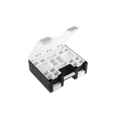 Caixa organizadora plástica preta com tampa branca e compartimentos internos