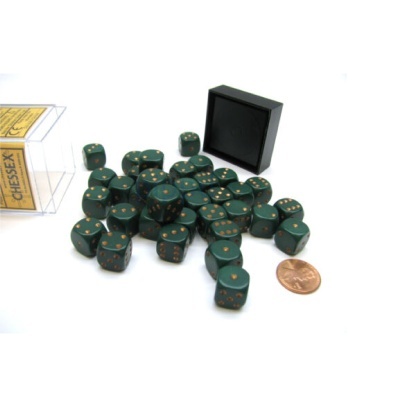 Chessex Opaque 12mm D6 with pips Dice Blocks (36 Dice) - Dusty Green/copper
