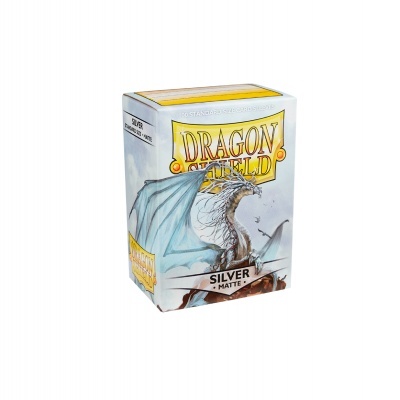 Caixa de cartas de jogo Dragon Shield prateado com dragão e texto