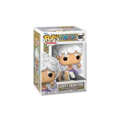 Figura Funko Pop! de Luffy Gear Five em caixa transparente com detalhes da série One Piece.