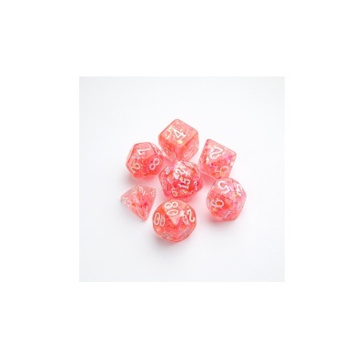 Dados poliedros translúcidos cor-de-rosa com números brancos