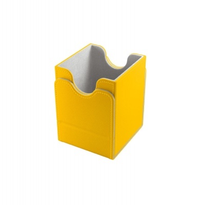 Organizador amarelo sintético com interior cinzento, formato quadrado com recortes