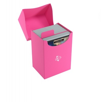 Caixa rosa aberta com baralho metálico dentro
