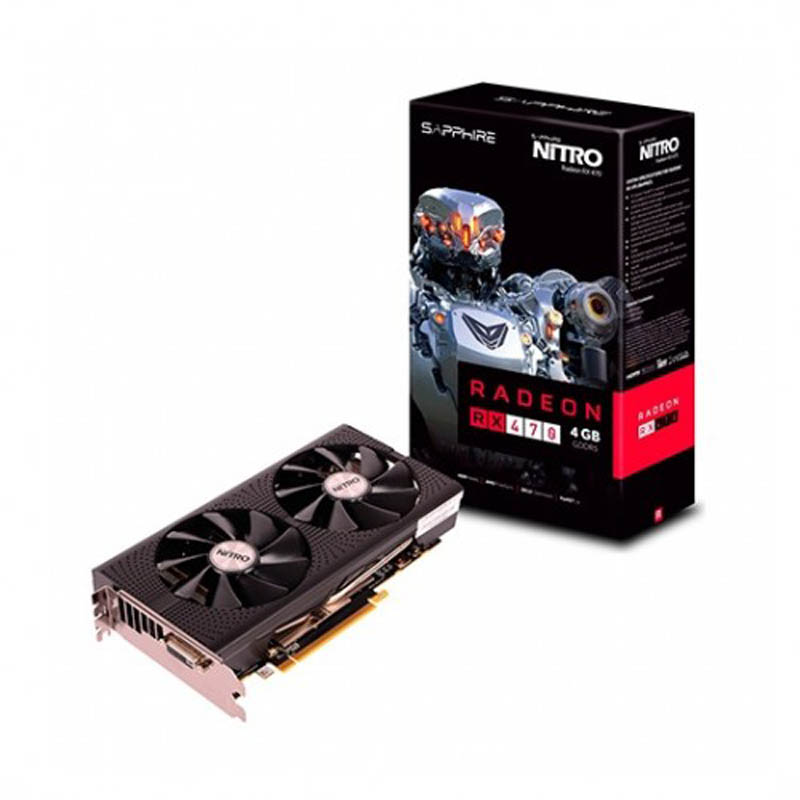 Placa Gráfica Sapphire Radeon RX 470 Nitro 4GB GDDR5 Recondicionada Grade C Placa gráfica preta com duas ventoinhas ao lado da caixa preta com detalhes vermelhos e texto RADEON RX 470 4GB